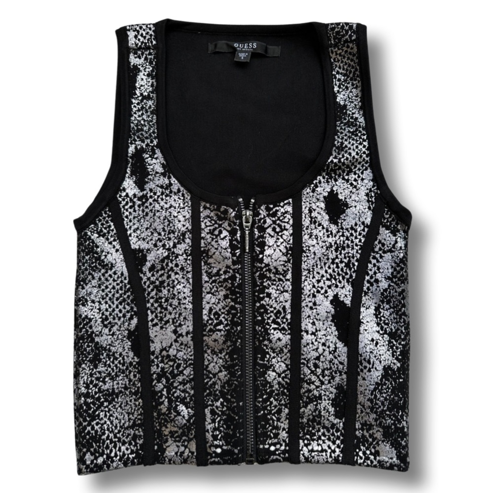 Guess women’s Top crop Metallic Silver and Black stretch sexy Small for Party